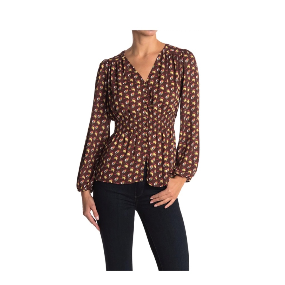 PLEIONE V-neck Smocked Long Sleeve Peplum Blouse In Brown Abct Feather
